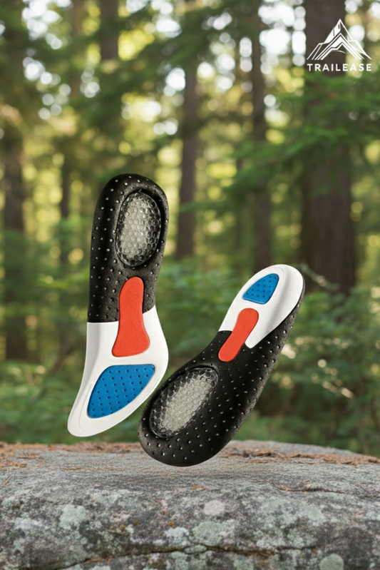 Two black and white shoe insoles with red and blue accents on a rock in a forest setting, featuring the TrailEase brand