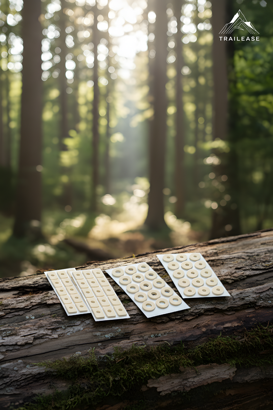 Three white rectangular patches with circular patterns on a log in a forest setting, featuring the TRAILEASE brand.