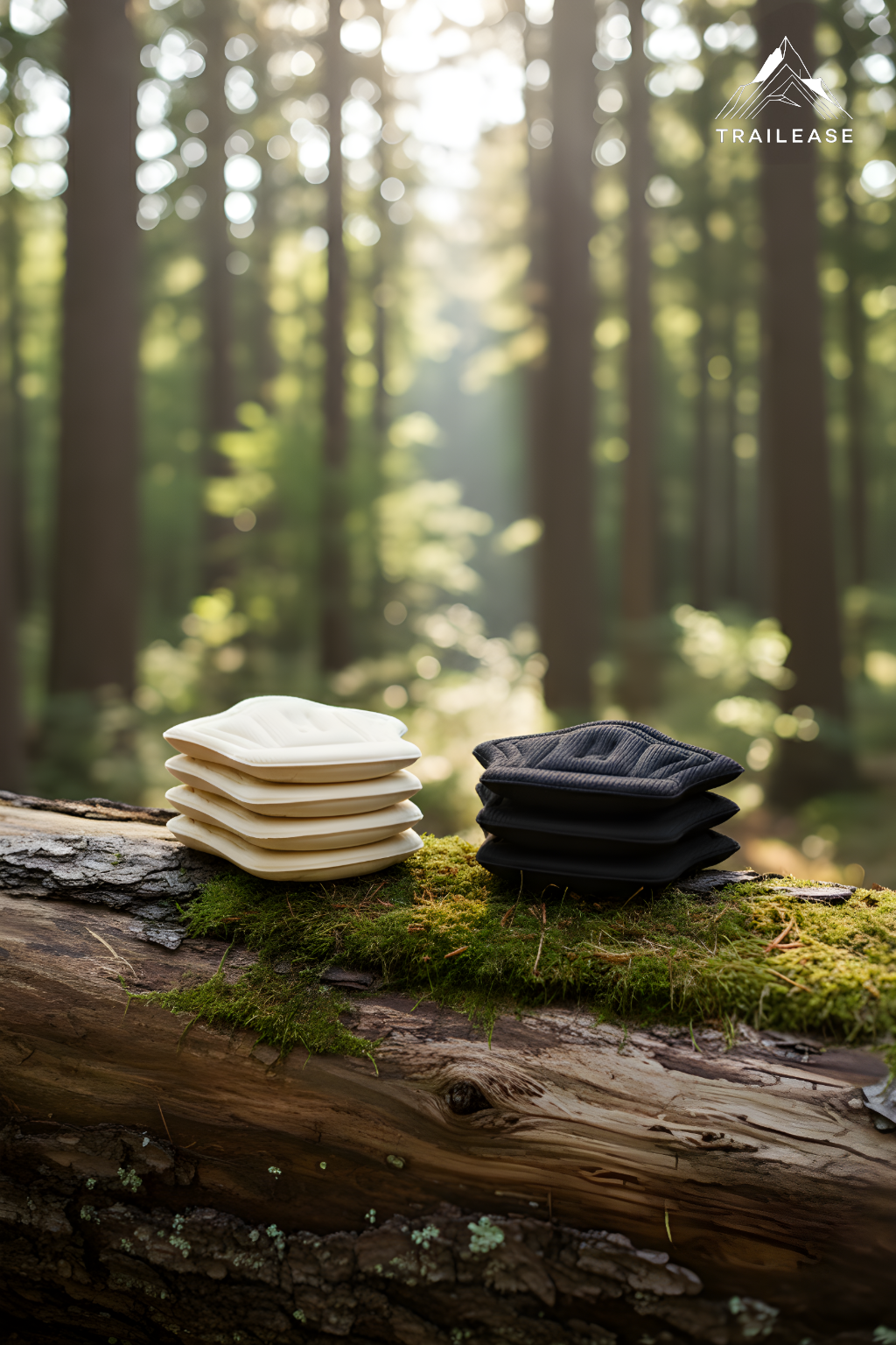 Stacks of white and black hiking achilles protector on a log in a forest with 'TrailEase' branding.