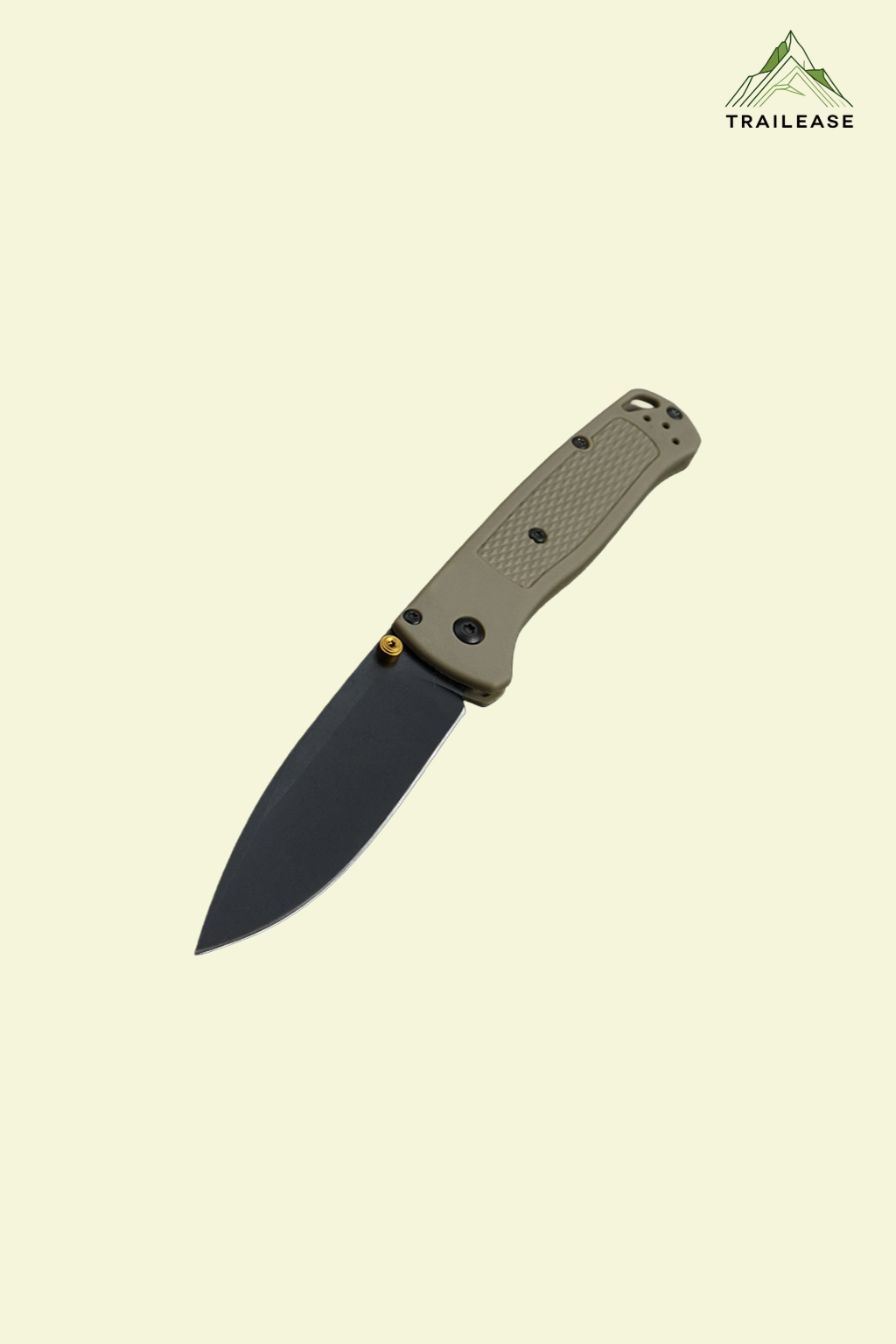Folding hiking/camping knife with a black blade and army green handle on a beige background, featuring the Trailease logo.