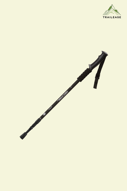 Black trekking pole on a beige background with TrailEase logo.