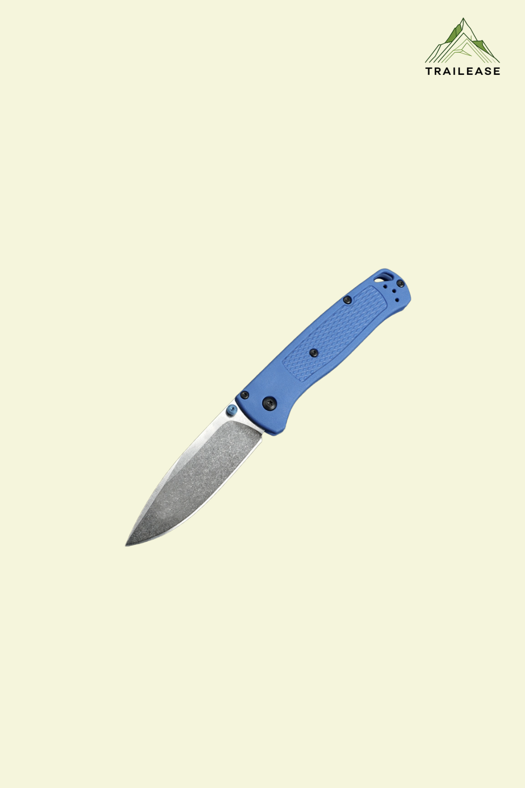 Hiking/camping folding knife with blue handle on a beige background, brand 'Trailease' visible.
