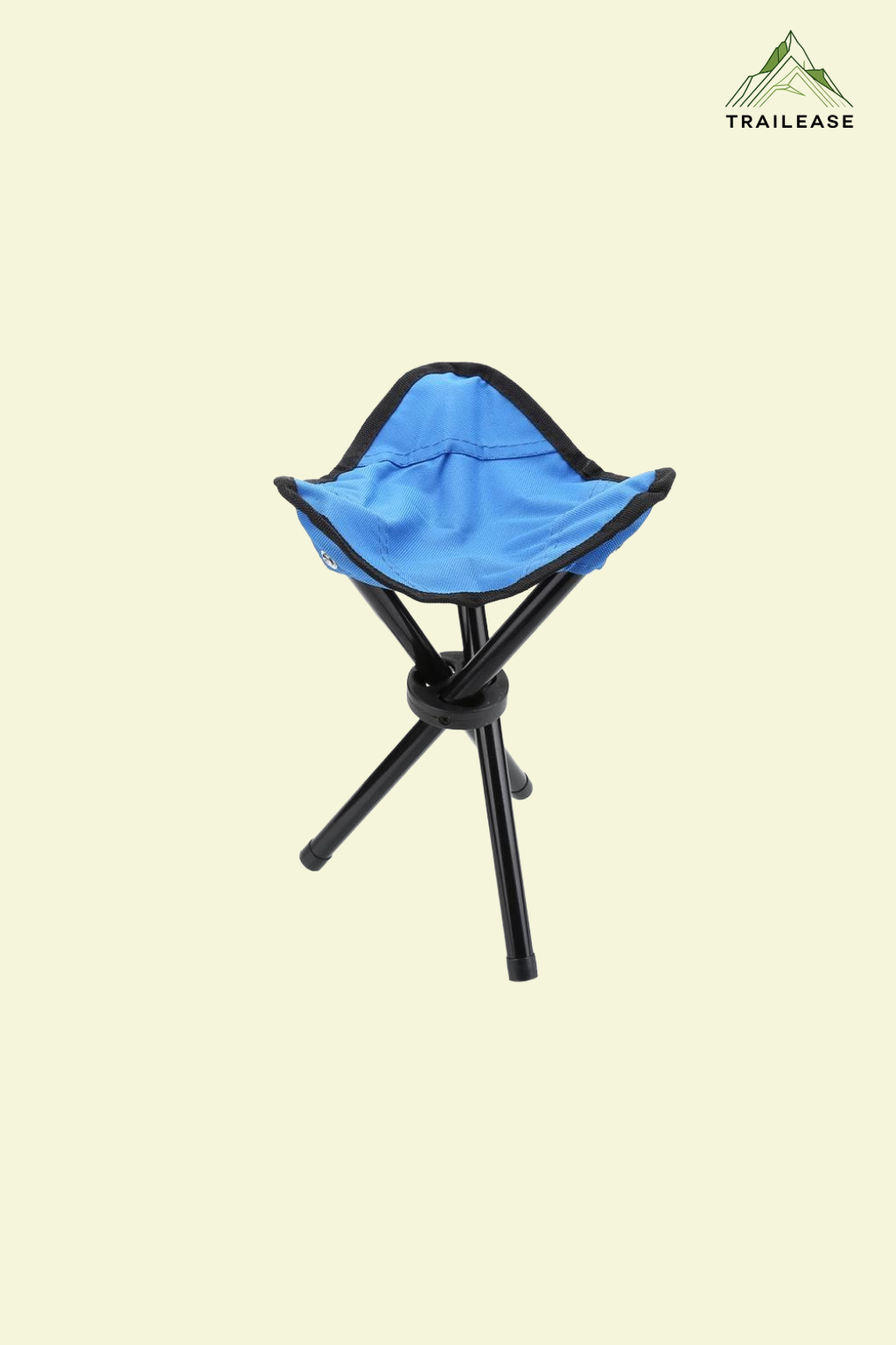Blue camping/hiking folding stool with black legs on a beige background, featuring the TrailEase logo.