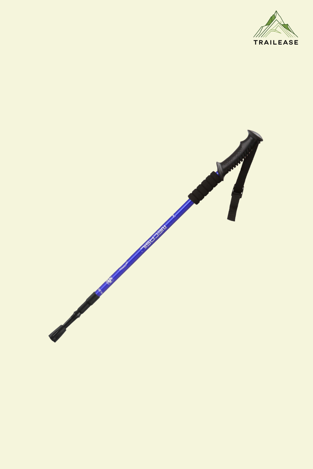Blue trekking pole on a beige background with TrailEase logo.