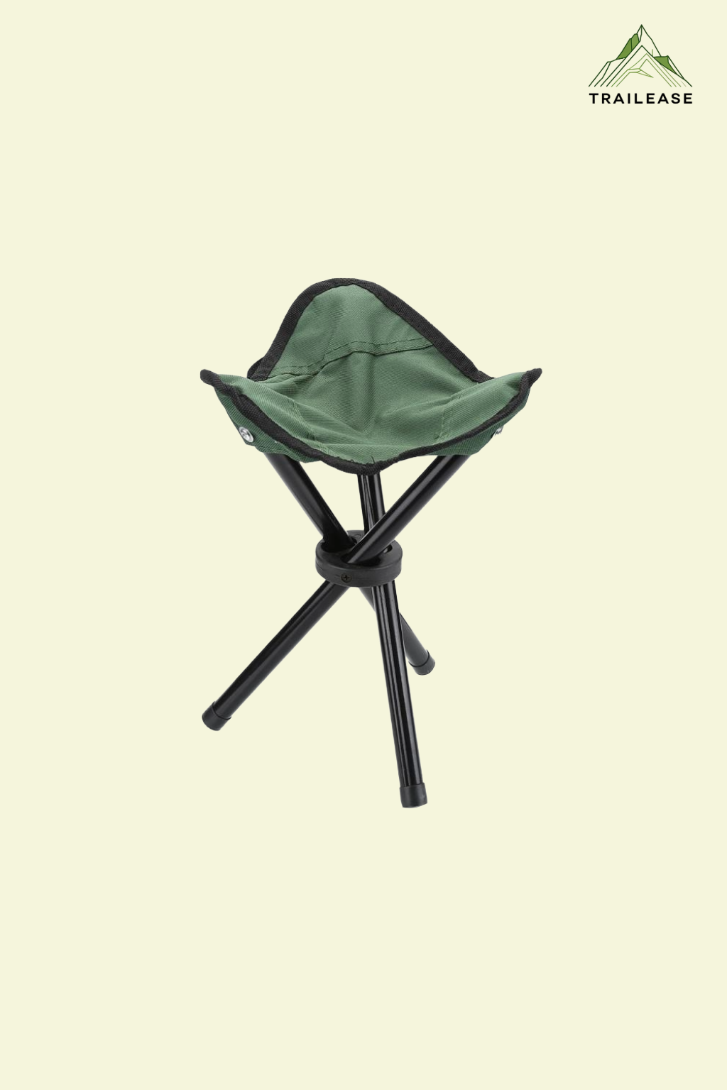 Green camping/hiking folding stool with black legs on a beige background, featuring the TrailEase logo.