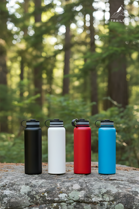 Four insulated hiking/camping water bottles in black, white, red, and blue on a rock with a forest background.