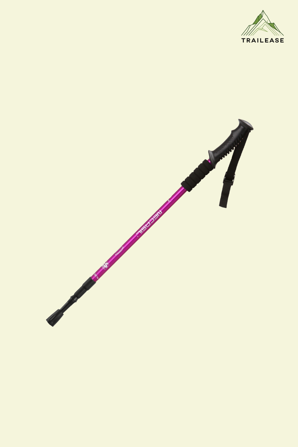 Purple trekking pole with black grips on a beige background, featuring the Trailease logo.