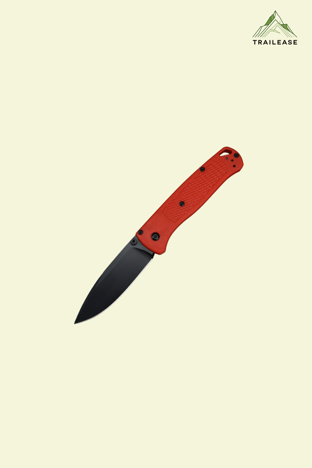 Red hiking/camping folding knife with black blade on a beige background, featuring the Trailease logo.