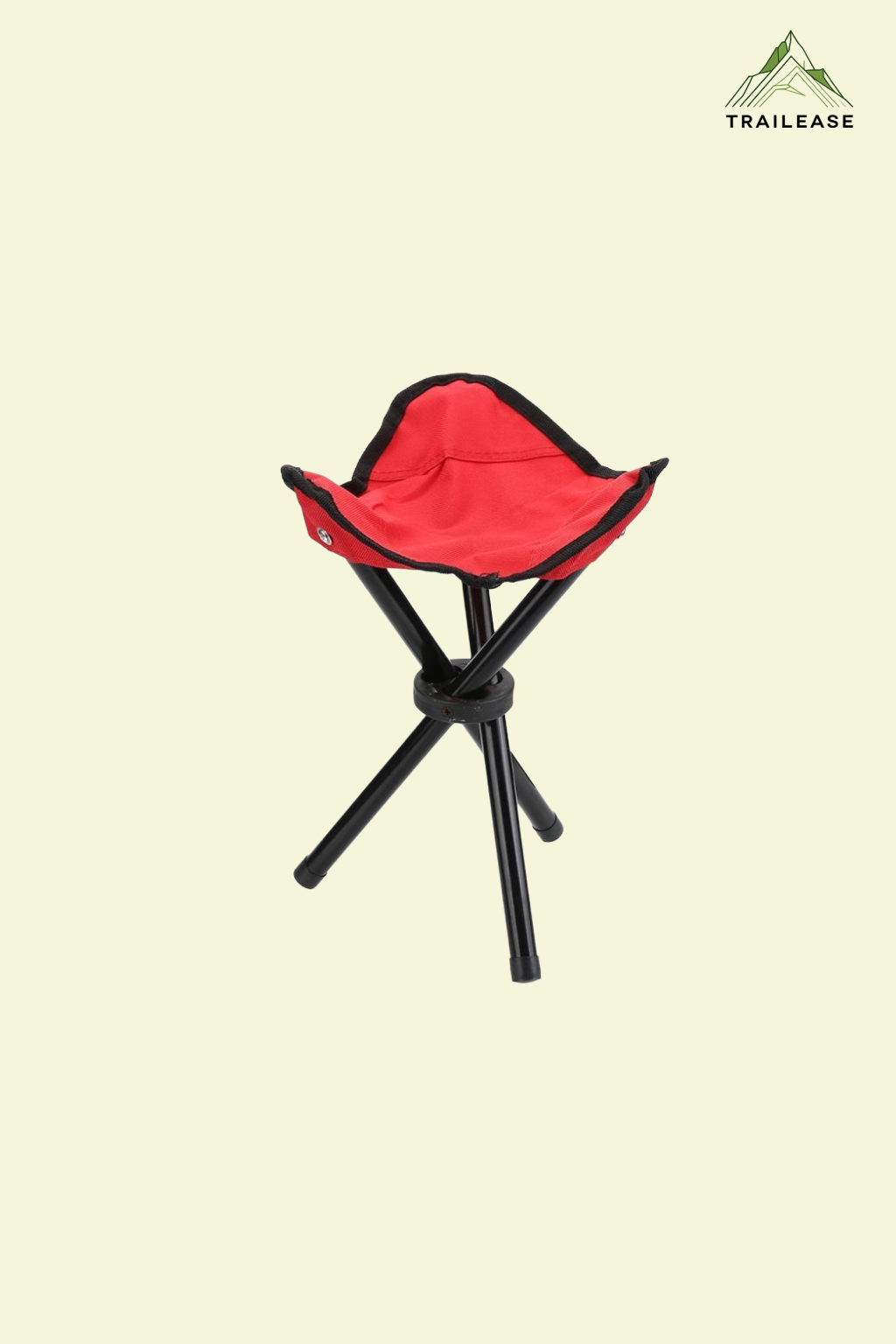 Red camping/hiking folding stool with black legs on a beige background, featuring the TrailEase logo.