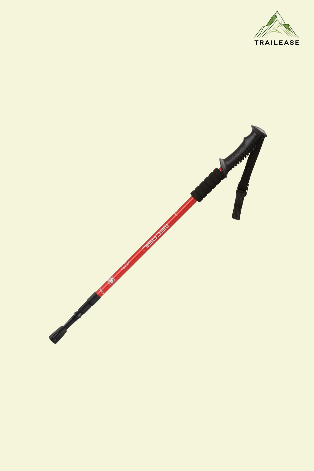Red trekking pole and black grips on a beige background, featuring the Trailease logo.