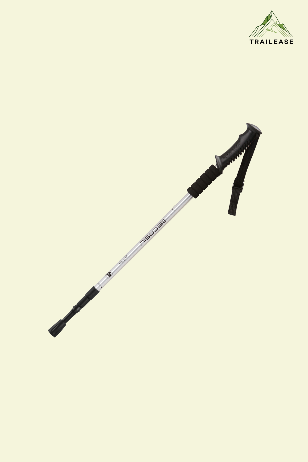 Silver trekking pole on a beige background with TrailEase logo