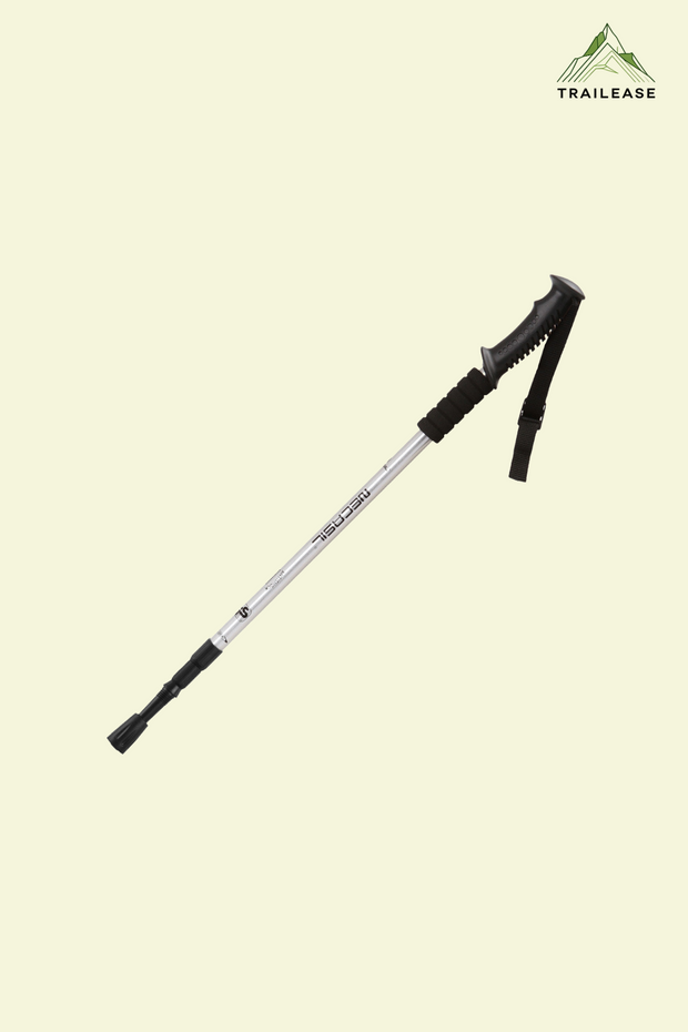 TrailEase Aluminum Trekking Poles Silver trekking pole on a beige background with TrailEase logo