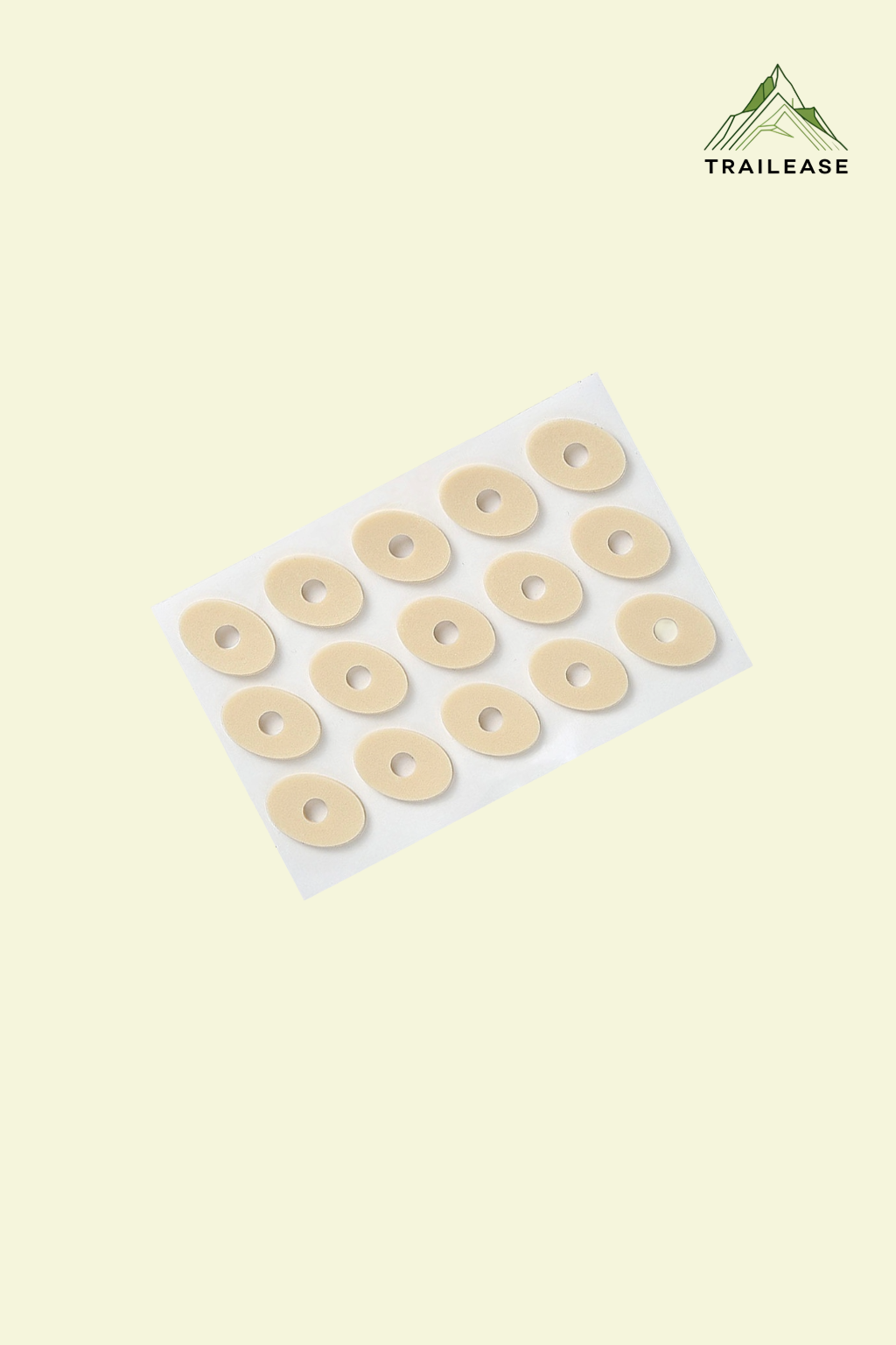 Pack of small oval corn protector pads on a beige background with 'TRAILEASE' branding.
