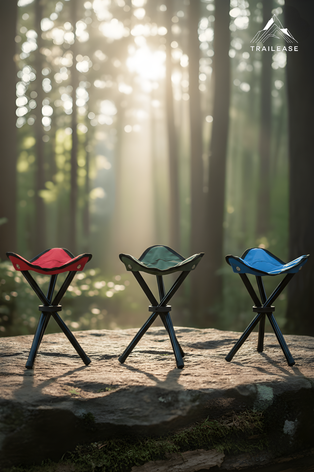 Three colorful hiking folding stools on a rock in a forest with sunlight filtering through the trees.