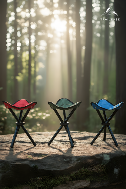 Three colorful hiking folding stools on a rock in a forest with sunlight filtering through the trees.
