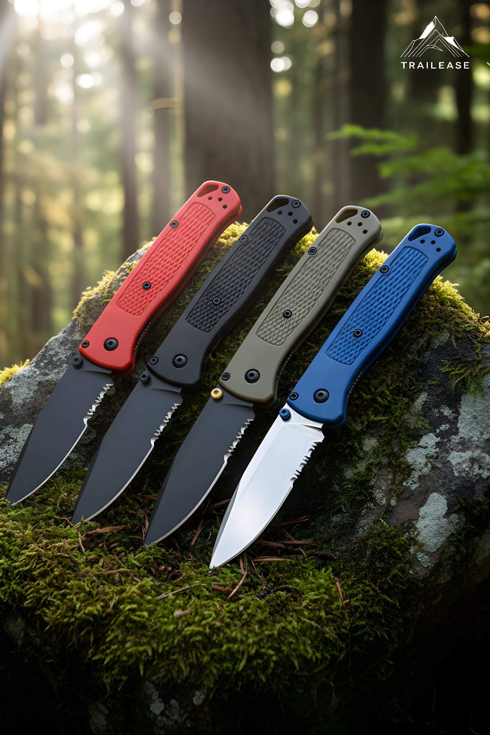 Five hiking/camping folding knives in different colors on a mossy rock with a forest background.
