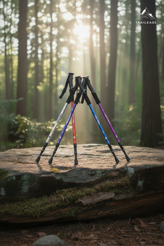 Four different color TrailEase trekking poles on a stone with a forest background