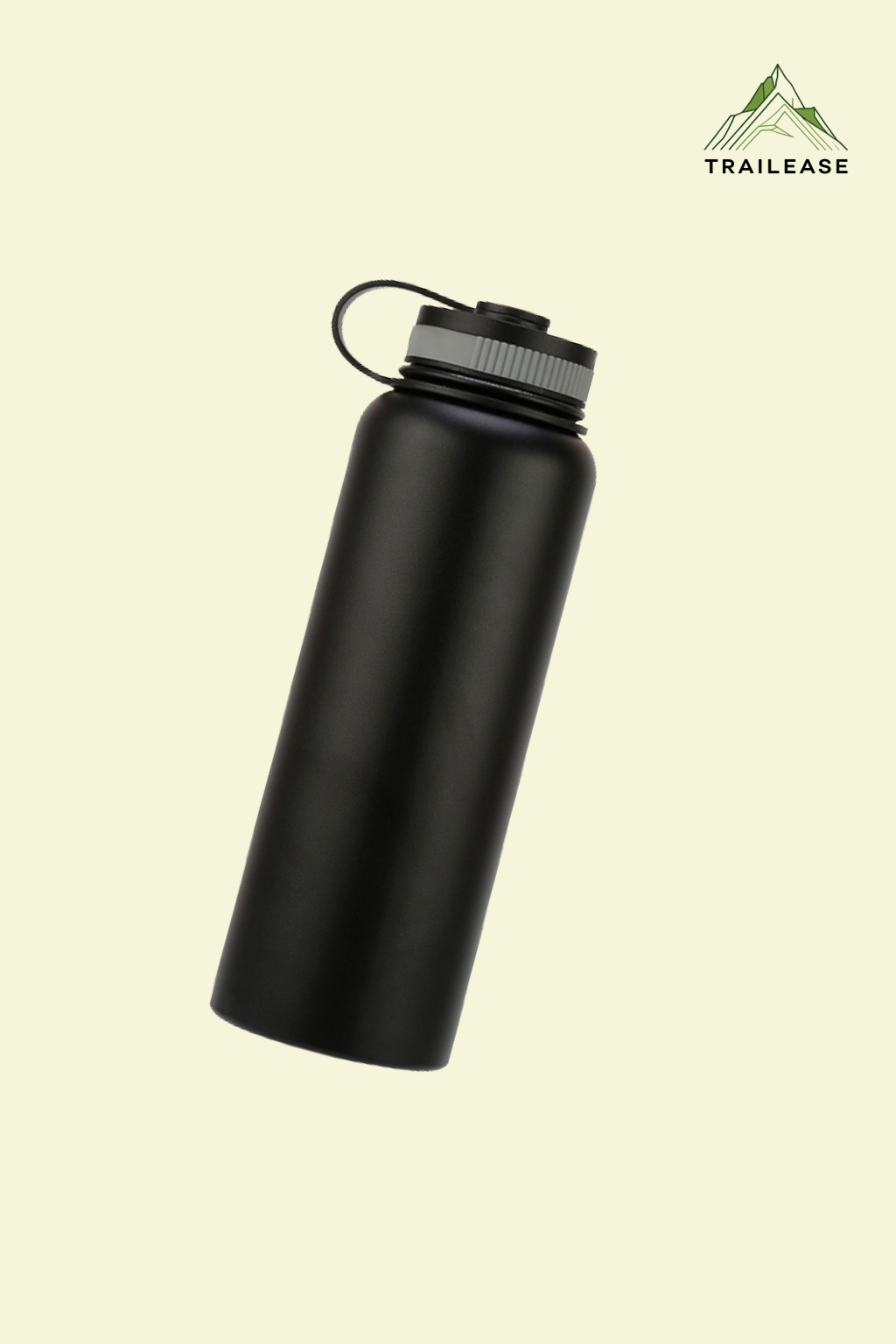 Black hiking/camping water bottle with TrailEase logo on a beige background
