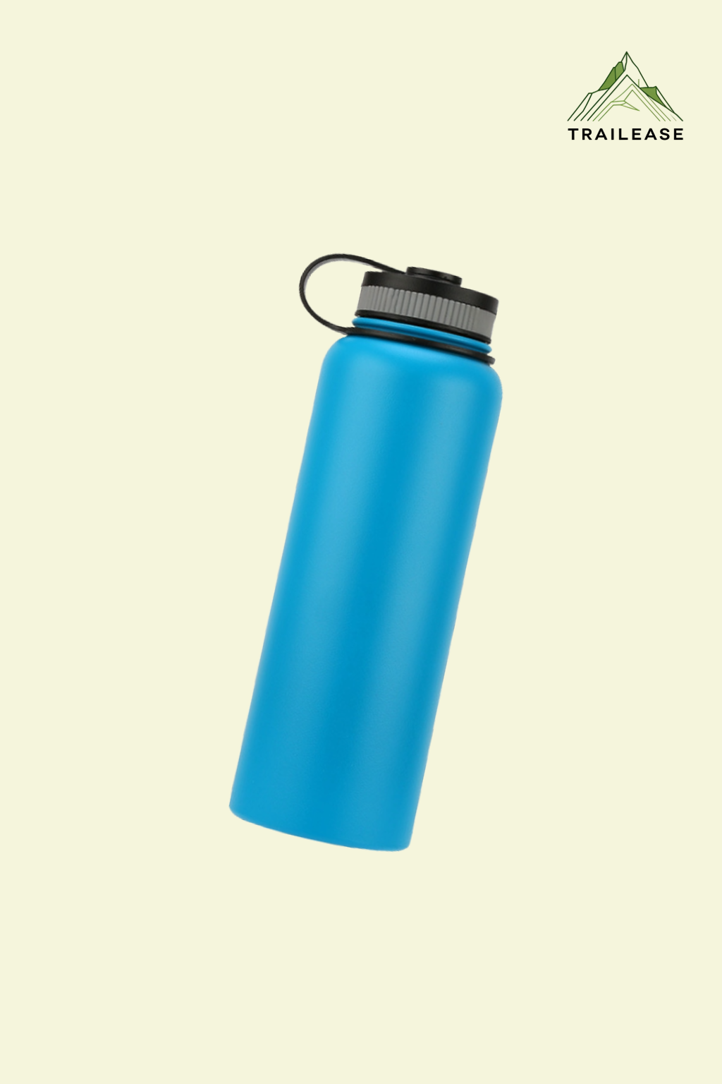 Blue hiking/camping water bottle with black cap on a beige background, featuring the Trailease brand logo.