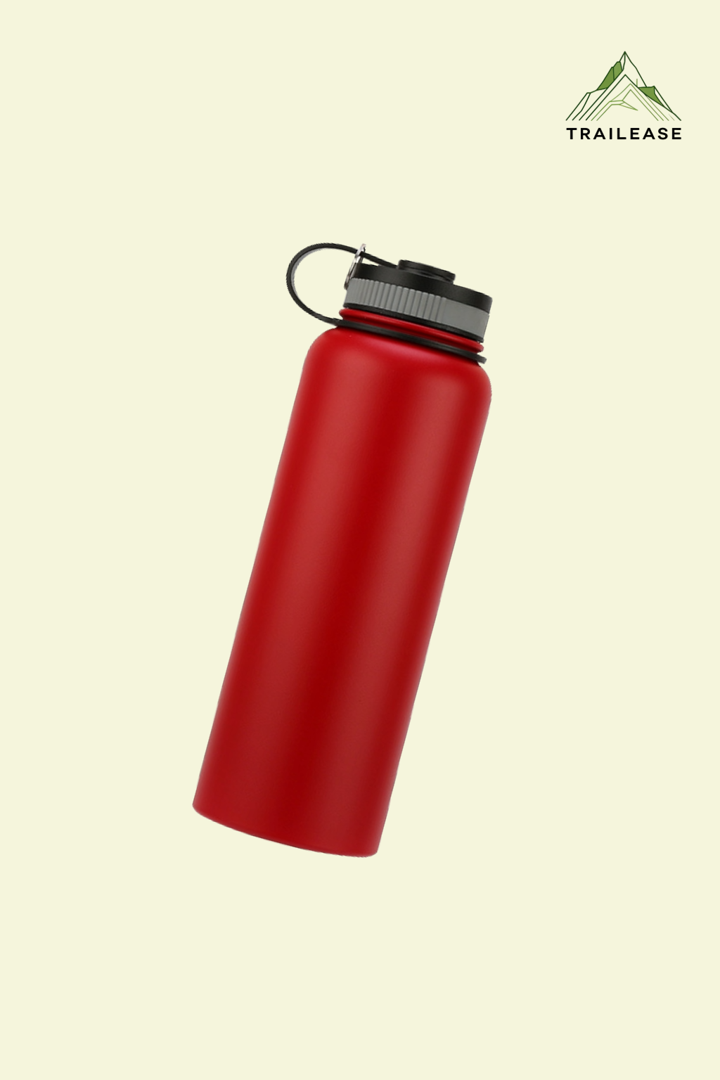 Red hiking/camping water bottle with black cap on a beige background, featuring the Trailease brand.