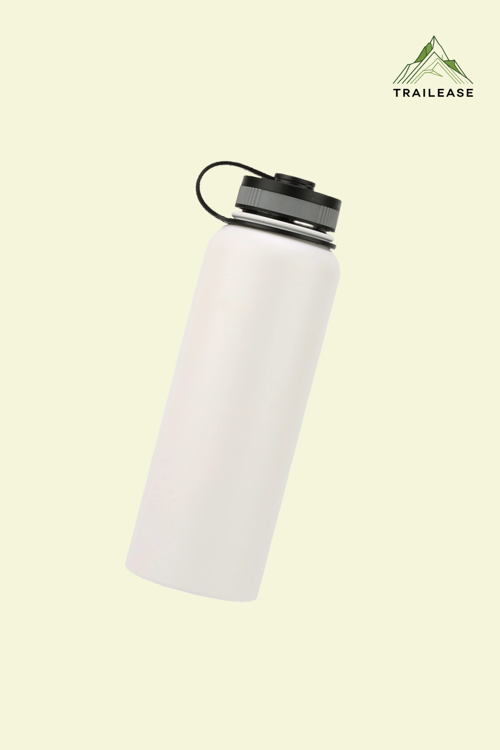 White hiking/camping water bottle with black lid on a light beige background, featuring the TrailEase logo.