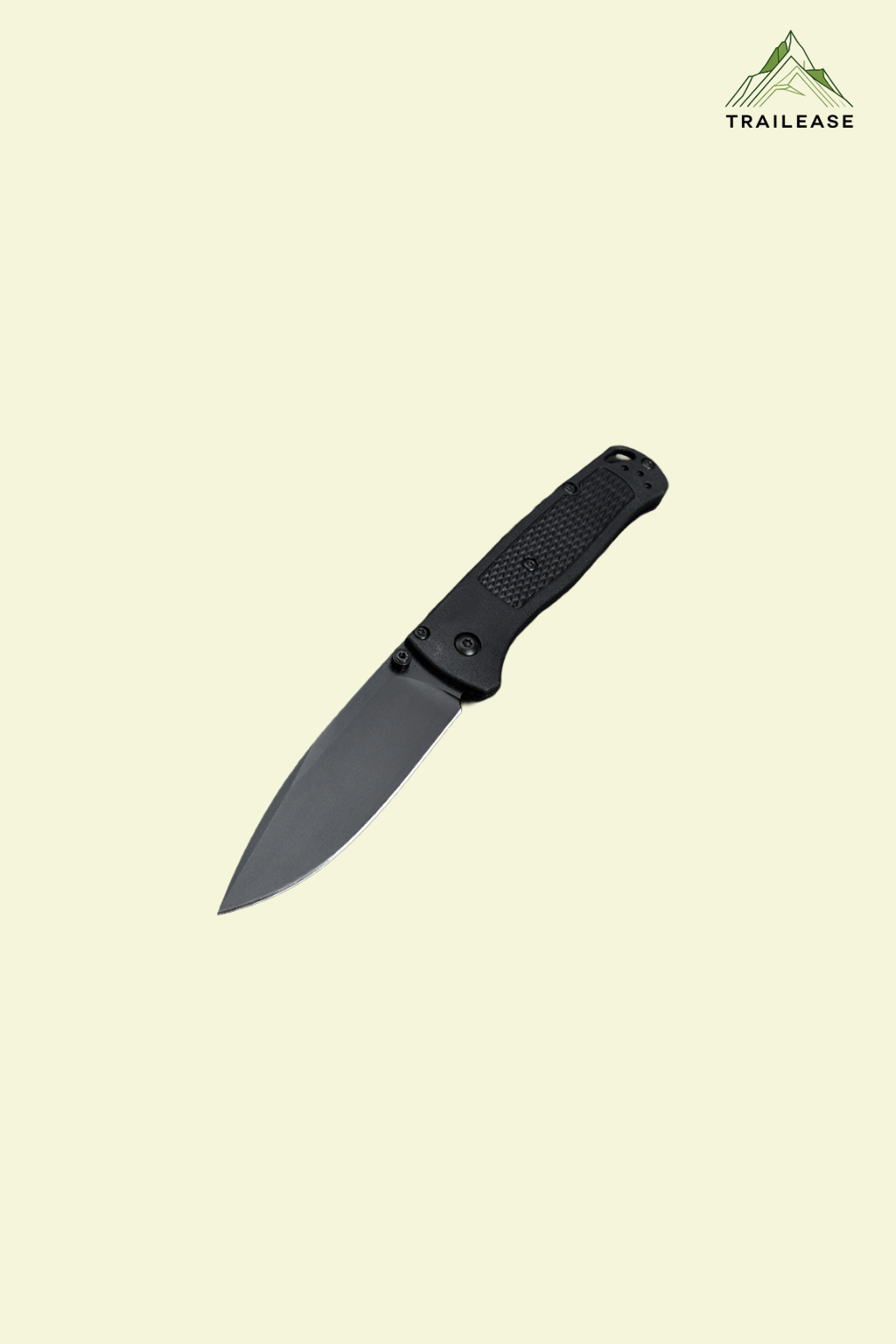 Black hiking/camping folding knife on a beige background with 'Trailease' branding.